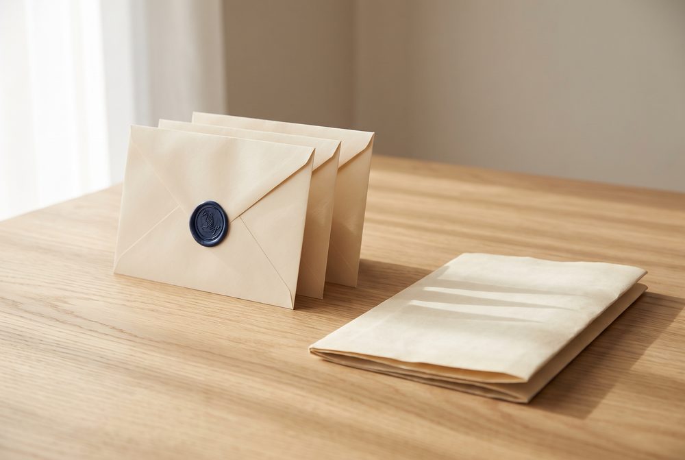 Tres sobres cerrados de papel crema puestos en fila sobre una mesa de roble claro, el primero con un sello de lacre azul marino, junto a un documento doblado.